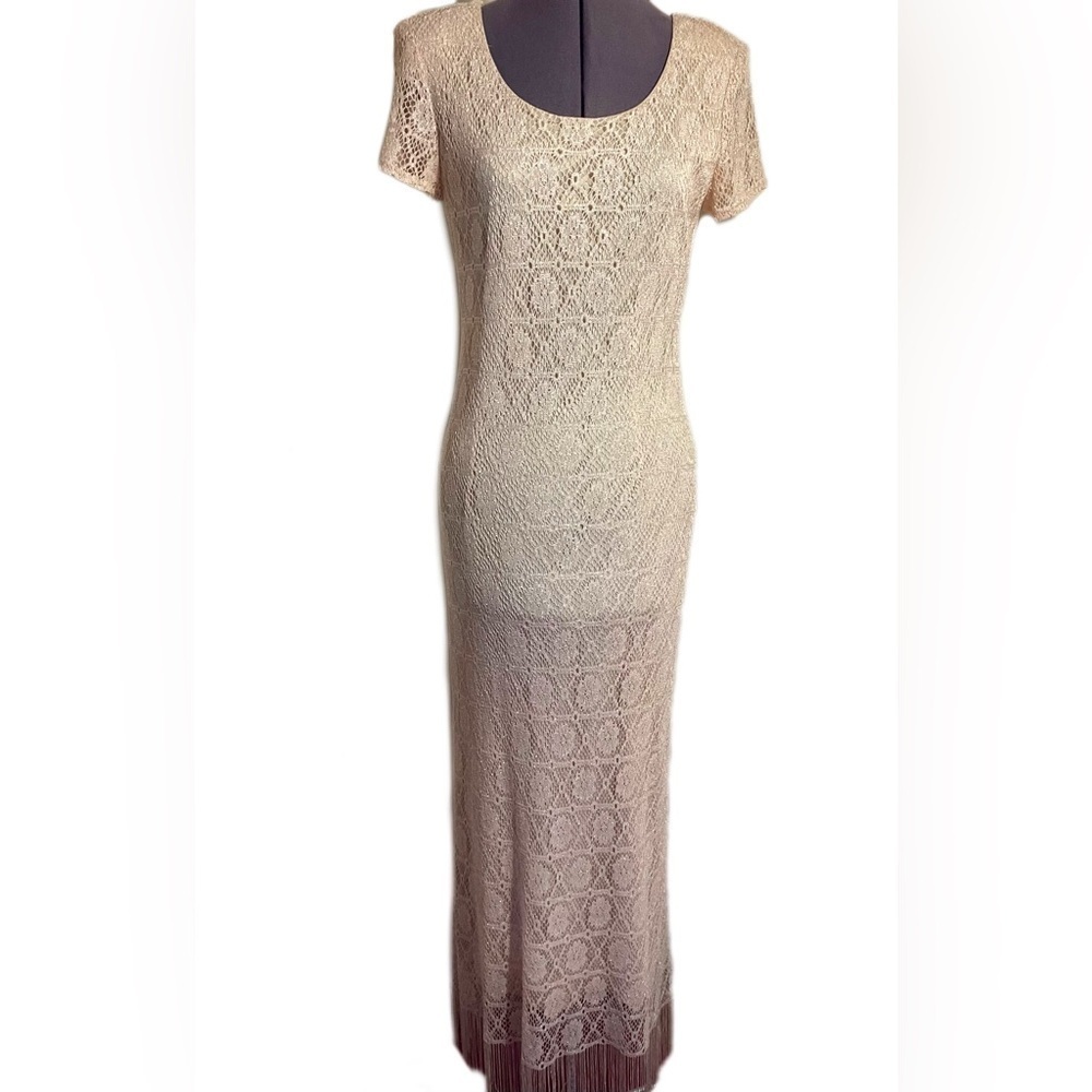 Vintage Crochet Lace Champagne Gown Retro Wedding - Picture 6 of 16